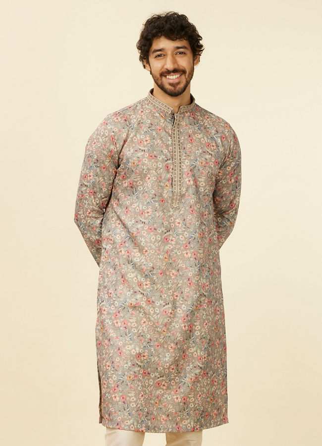 alt message - Manyavar Men Dark Grey Floral Printed Kurta Set image number 0